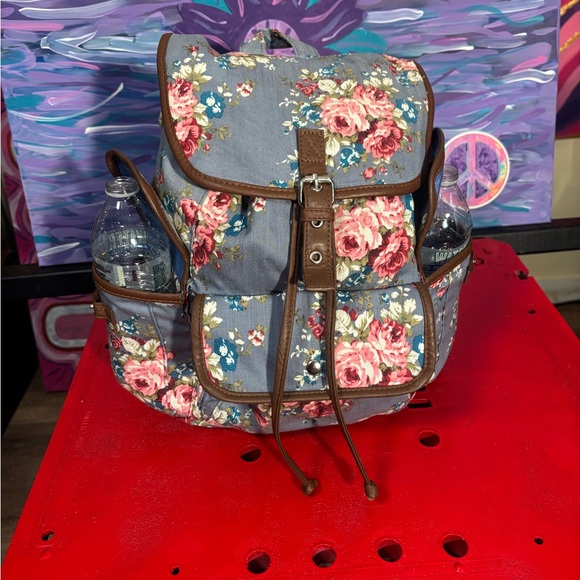 Handbags - Floral Canvas Backpack / Diaper bag with Brown Trim